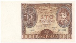 Zloty 1919-1938
II RP, 100 złotych 1934 
 II RP, 100 złotych 1934 Emisyjny egzemplarz. Drobne nieświeżości na narożnikach i naturalne zafalowania bę...