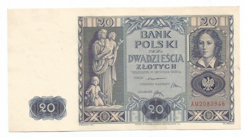 Zloty 1919-1938
II RP, 20 złotych 1936 
 II RP, 20 złotych 1936 Mocne nadgięci...