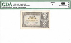 Zloty 1919-1938
II RP, 2 złote 1936 EK - GDA 66EPQ 
 II RP, 2 złote 1936 EK - GDA 66EPQ Banknot w emisyjnym stanie zachowania doceniony bardzo wysok...