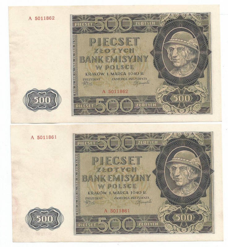 WW II 1939-1945
GG, Zestaw 500 złotych 1940 - kolejne numery paczki bankowej 
...