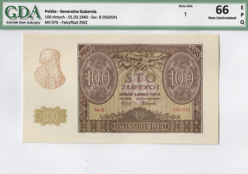 WW II 1939-1945
GG, 100 złotych 1940 B (Falsyfikat ZWZ)- GDA 66EPQ 
 GG, 100 z...