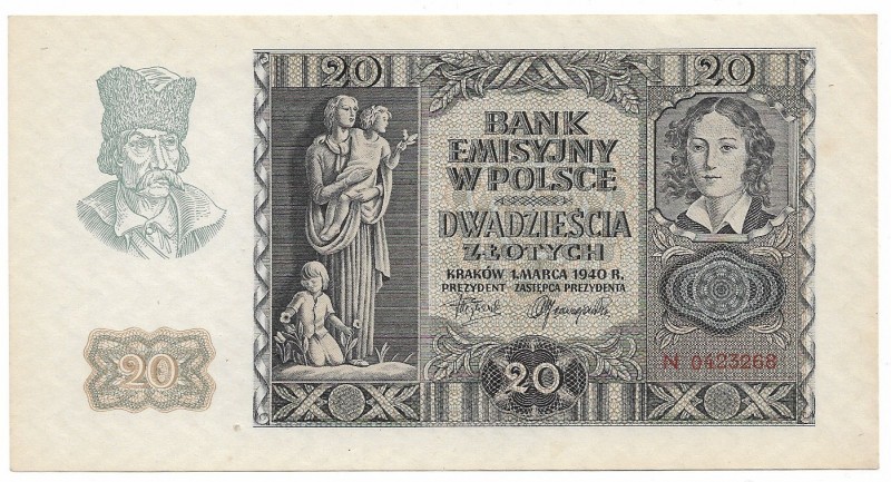 WW II 1939-1945
GG, 20 złotych 1940 N 
 GG, 20 złotych 1940 N Bardzo ładny oko...