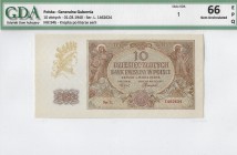 WW II 1939-1945
GG, 10 złotych 1940 L - GDA 66EPQ 
 GG, 10 złotych 1940 L - GDA 66EPQ Banknot w emisyjnym stanie zachowania doceniony bardzo wysoką ...