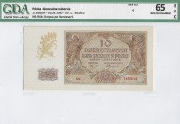 WW II 1939-1945
GG, 10 złotych 1940 L - GDA 65EPQ 
 GG, 10 złotych 1940 L - GDA 65EPQ Banknot w emisyjnym stanie zachowania doceniony bardzo wysoką ...