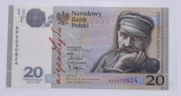 III RP od 1994
III RP, 20 złotych 2018 Piłsudski 
 III RP, 20 złotych 2018 Piłsudski Banknot w emisyjnym stanie zachowania. 
Grade: UNC