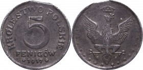 Królestwo Polskie 1916-1918
Kingdom of Poland, 5 pfennig 1917 
 Kingdom of Poland, 5 pfennig 1917 Ciekawy destrukt. 

Grade: VF+/XF- 

 Polen, P...