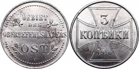 Monety niemieckich władz okupacyjnych dla terenów wschodnich
Ober-Ost, 3 kopecks 1916 J, Hamburg 
 Ober-Ost, 3 kopecks 1916 J, Hamburg Menniczy poły...