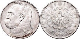10 złotych
II Republic, 10 zlotych 1935, Pilsudski 
 II Republic, 10 zlotych 1935, Pilsudski Ładnie zachowany egzemplarz, połysk menniczy. 
Grade: ...