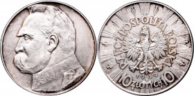 10 złotych
II Republic, 10 zlotych 1939, Pilsudski 
 II Republic, 10 zlotych 1939, Pilsudski Ładnie zachowany egzemplarz, nalot. 
Grade: XF+ 

 P...