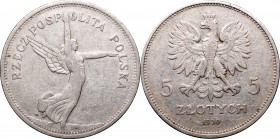 5 złotych
II Republic of Poland, 5 zloty 1930 Nike 
 II Republic of Poland, 5 zloty 1930 Nike Obiegowy egzemplarz jednej z najrzadszych monet obiego...