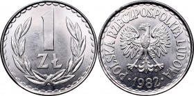 Polish People's Republic (1945-1989)
Peoples Republic of Poland, 1 zloty 1982 
 Peoples Republic of Poland, 1 zloty 1982 Menniczy egzemplarz. 
Grad...