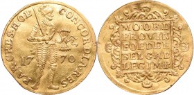Netherlands
Holland, Ducat 1770 
 Holland, Ducat 1770 Bardzo ładnie zachowany egzemplarz, przetarte tło. Reference: Friedberg 250
Grade: XF-