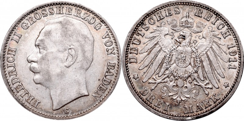 Germany
Germany, Baden, Friedrich II, 3 mark 1911 G 
 Germany, Baden, Friedric...