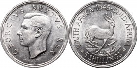 South Africa
South Africa, 5 shillings 1948 
 South Africa, 5 shillings 1948 Piękny egzemplarz. Ryski w tle. 
Grade: AU