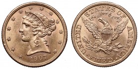 United States
USA, 5 dollars 1907 'Liberty head' 
 USA, 5 dollars 1907 'Liberty head' Atrakcyjny połyskowy egzemplarz ze świetnie zachowanym detalem...