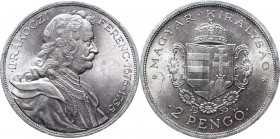 Hungary
Hungary, 2 pengo 1935 Rakoczi 
 Hungary, 2 pengo 1935 Rakoczi Wyśmienity egzemplarz. Patyna, nalot. 
Grade: UNC