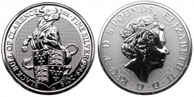 Great Britain
5 funtów 2018 (2 uncje Ag999) 
 5 funtów 2018 (2 uncje Ag999) 2 uncje srebra. 
Grade: Proof/Proof- 

 England, United Kingdom