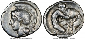 CALABRIA. Tarentum. Ca. 380-280 BC. AR diobol (13mm, 6h). NGC Choice VF. Ca. 325-280 BC. Head of Athena right, wearing crested Attic helmet decorated ...