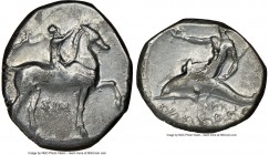 CALABRIA. Tarentum. Ca. 332-302 BC. AR stater or didrachm (22mm, 9h). NGC Choice Fine. Sim- and Her-, magistrates. Nude youth on horseback walking rig...