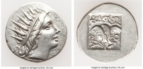 CARIAN ISLANDS. Rhodes. Ca. 88-84 BC. AR drachm (16mm, 2.57 gm, 12h). XF. Plinthophoric standard, Philostratus, magistrate. Radiate head of Helios rig...