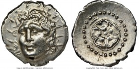 CARIAN ISLANDS. Rhodes. Ca. 84-30 BC. AR drachm (20mm, 6h). NGC Choice AU, brushed. Radiate head of Helios facing, turned slightly left, hair parted i...