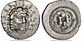 CARIAN ISLANDS. Rhodes. Ca. 84-30 BC. AR drachm (19mm, 4.12 gm, 1h). NGC AU 5/5 - 4/5. Radiate head of Helios facing, turned slightly right, hair part...