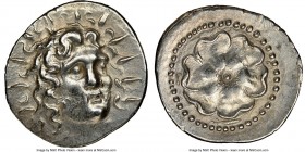 CARIAN ISLANDS. Rhodes. Ca. 84-30 BC. AR drachm (20mm, 1h). NGC AU, brushed. Radiate head of Helios facing, turned slightly right, hair parted in cent...
