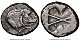 LYCIAN DYNASTS. Uncertain ruler. Ca. 520-460 BC. AR stater (21mm). NGC XF. Forepart of boar right with extended right foreleg / X-shaped incuse, two t...
