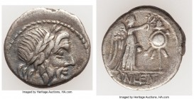 Anonymous. Ca. 211-208 BC. AR victoriatus (15mm, 1.79 gm, 8h). VF. Rome. Laureate head of Jupiter right; dotted border / ROMA, Victory standing right,...