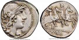 Anonymous. 209-208 BC. Staff series. AR denarius (19mm, 5h). NGC Choice VF, brushed. Uncertain mint in Sicily. Head of Roma right wearing winged helme...