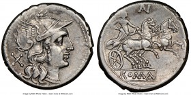 Anonymous. Ca. 194-190 BC. AR denarius (19mm, 2h). NGC XF. Rome, monogram issue. Head of Roma right, wearing winged helmet decorated with griffin cres...
