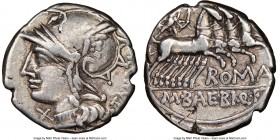 M. Baebius Q.f. Tampilus (ca. 137 BC). AR denarius (18mm, 4h). NGC VF. TAMPIL, head of Roma left in winged helmet decorated with griffin crest, wearin...