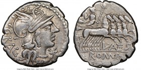 L. Antestius Gragulus (136 BC). AR denarius (19mm, 3h). NGC Choice VF. Rome. GRAG, head of Roma right in winged helmet decorated with griffin crest, b...
