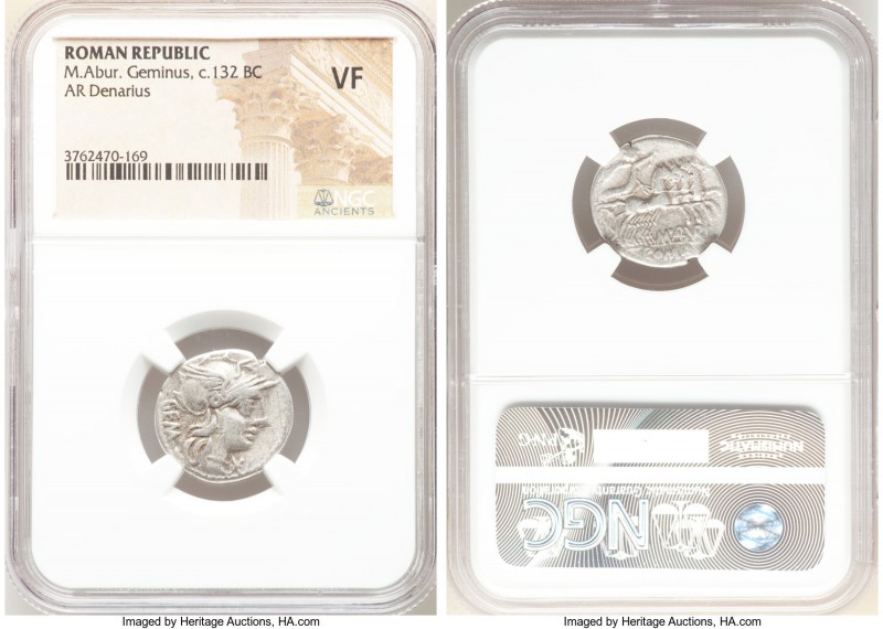 C. Aburius Geminus (ca. 132 BC). AR denarius (19mm, 6h). NGC VF. Rome. GEM, head...