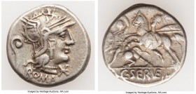 C. Servilius Vatia (ca. 127 BC). AR denarius (18mm, 3.87 gm, 12h). Choice VF. Rome. Helmeted head of Roma right, star on neck guard of helmet; lituus ...