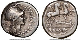 M. Cipius M. f. (ca. 115-114 BC). AR denarius (16mm, 2h). NGC VF. Rome. M•CIPI•M•F (upwards) before, head of Roma right wearing helmet decorated with ...