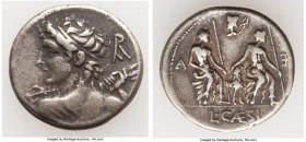 Lucius Caesius (ca. 112/1 BC). AR denarius (21mm, 13.83 gm, 2h). VF, toned. Rome. Bust of Vejovis left, hurling thunderbolt, viewed from behind, monog...