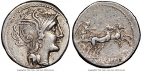 C. Claudius Pulcher (110-109 BC). AR denarius (18mm, 8h). NGC Choice VF. Rome. Head of Roma right wearing winged helmet decorated with circular device...