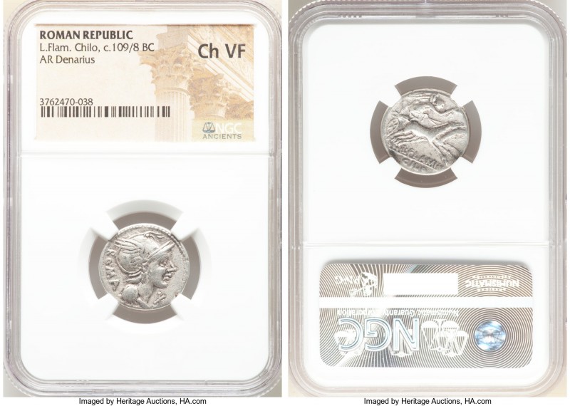 L. Flaminius Chilo (ca. 109-108 BC). AR denarius (19mm, 7h). NGC Choice VF. Rome...