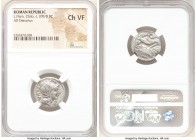 L. Flaminius Chilo (ca. 109-108 BC). AR denarius (19mm, 7h). NGC Choice VF. Rome. Helmeted head of Roma right, ROMA (downwards) behind, X before; dott...