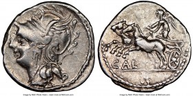 C. Coelius Caldus (ca. 104 BC). AR denarius (19mm, 8h). NGC Choice VF. Rome. Head of Roma left, wearing pendant earring, necklace and winged helmet de...