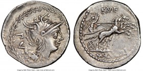 M. Lucilius Rufus (101 BC). AR denarius (20mm, 2h). NGC XF. Rome. Head of Roma right, wearing winged helmet decorated with griffin crest; PV in left f...