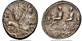 L. Calpurnius Piso Caesoninus and Q. Servilius Caepio (ca. 100 BC). AR denarius (18mm, 10h). NGC Choice XF. Rome. PISO•CAEPIO•Q, laureate head of Satu...