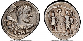 P. Cornelius Lentulus Marcellinus (ca. 100 BC). AR denarius (20mm, 11h). NGC VF, graffito. Rome. ROMA, bare headed bust of young Hercules right, seen ...