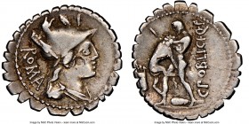 C. Poblicius Q.f. (ca. 80 BC). AR denarius serratus (21mm, 4h). NGC VF, bankers marks. ROMA, draped bust of Roma right, wearing Apulo-Corinthian helme...