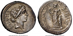 Mn. Acilius Glabrio (ca. 49 BC) AR denarius (19mm, 3h). NGC AU Rome. Laureate head of Salus right, wearing cruciform earring and bead necklace, SALVTI...
