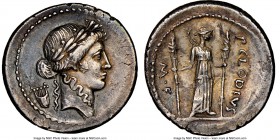P. Clodius M.f. Turrinus (ca. 42 BC). AR denarius (19mm, 4h). NGC Choice XF, marks. Rome. Laureate head of Apollo right; lyre behind / P•CLODIVS-M•F•,...