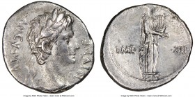 Augustus (27 BC-AD 14). AR denarius (18mm, 3.39 gm, 5h). NGC XF 4/5 - 2/5. Lugdunum, 15-13 BC. AVGVSTVS DIVI F, laureate head of Augustus right / IMP-...
