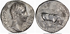 Augustus (27 BC-AD 14). AR denarius (19mm, 7h). NGC VF. Lugdunum, ca. 15-13 BC. AVGVSTVS-DIVI•F, bare head of Augustus right; dotted border / IMP•X, b...