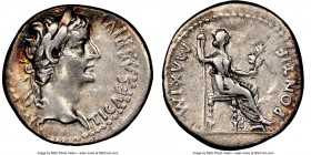 Tiberius (AD 14-37). AR denarius (18mm, 8h). NGC VF. Lugdunum, ca. AD 15-18. TI CAESAR DIVI-AVG F AVGVSTVS, laureate head of Tiberius right / PONTIF-M...
